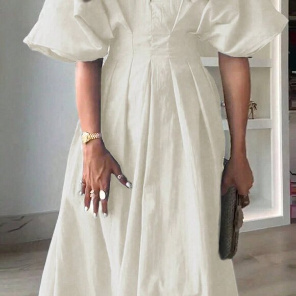 Apricot Casual Women's V-Neck Waist-Cinching Pleated Batwing Long Dress - Picture 3 of 5